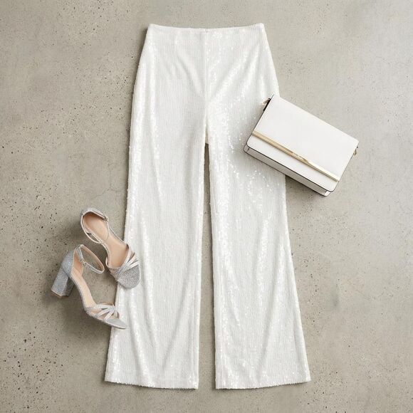 Black Halo Eve Size 8 White Sequin High Waisted Pants Formal Evening Bridal - Picture 2 of 12